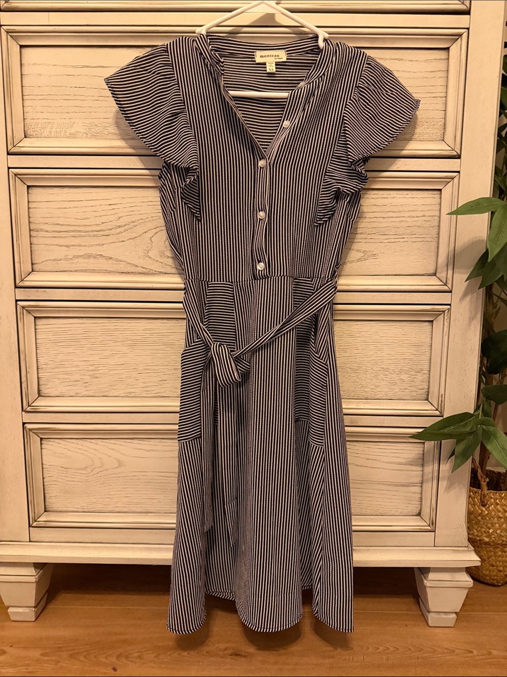 Monteau Black & White Vertical Stripe Midi Dress with Tie Waist